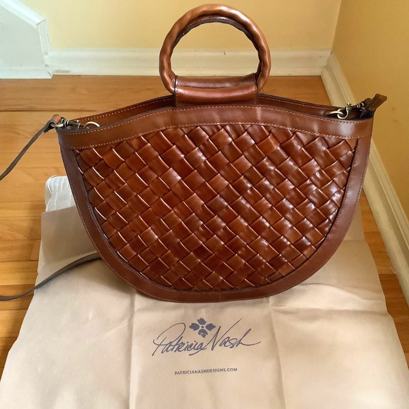 Patricia Nash Woven Leather Oliena Top Handle Satchel Crossbody Cognac SZ Large - Picture 1 of 16